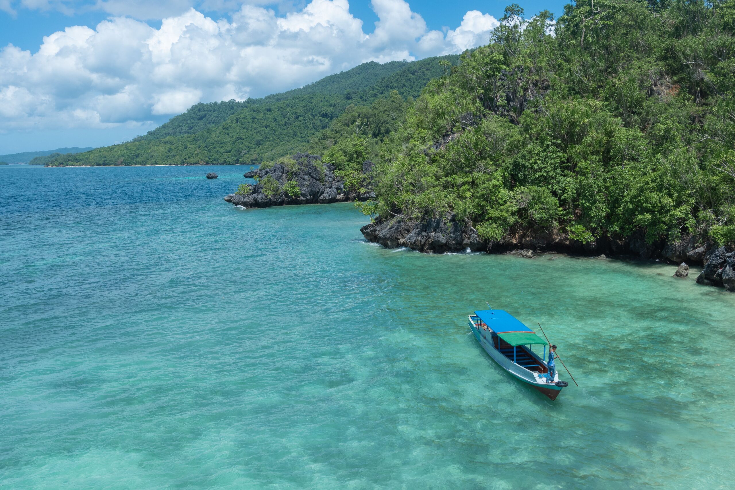 A blue boat at a beach surrounded by forested hills