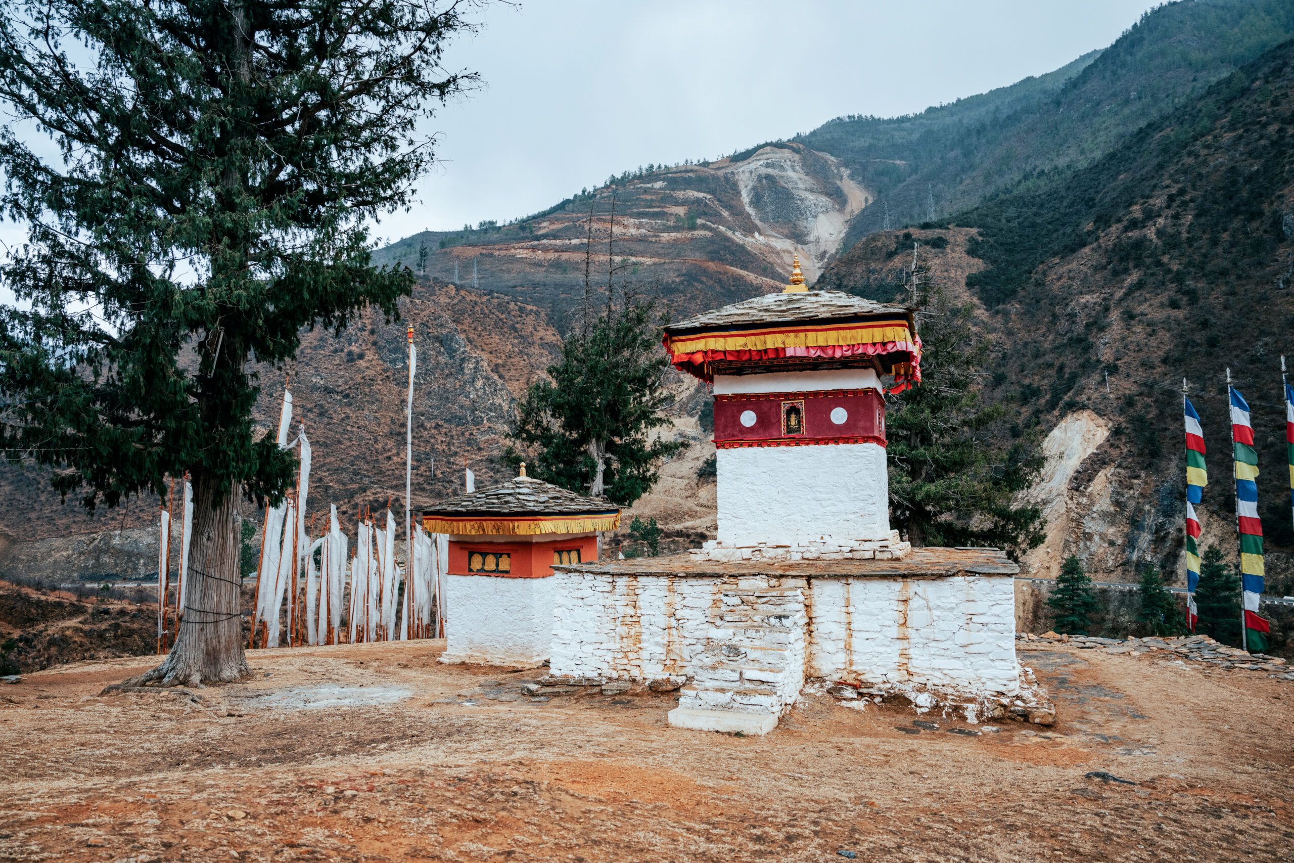 A traditional Bhutanese stupa with intricate decorations. Tachog Lhakhang Monastery, Bhutan