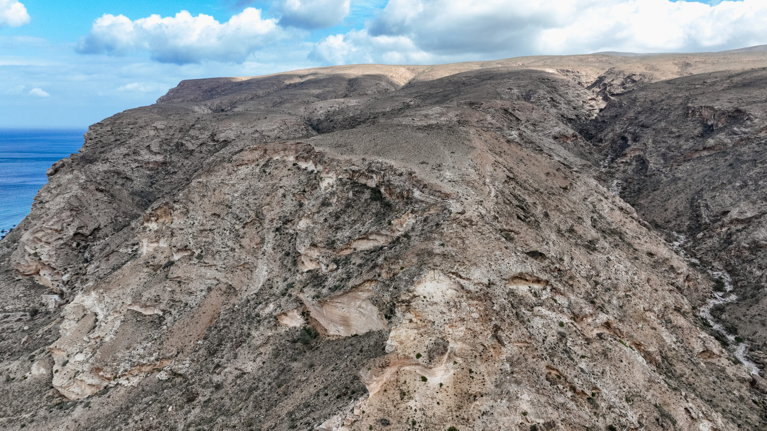 Explore the distinctive landscape of Socotra featuring dramatic rocky cliffs meeting azure waters under a vibrant sky.