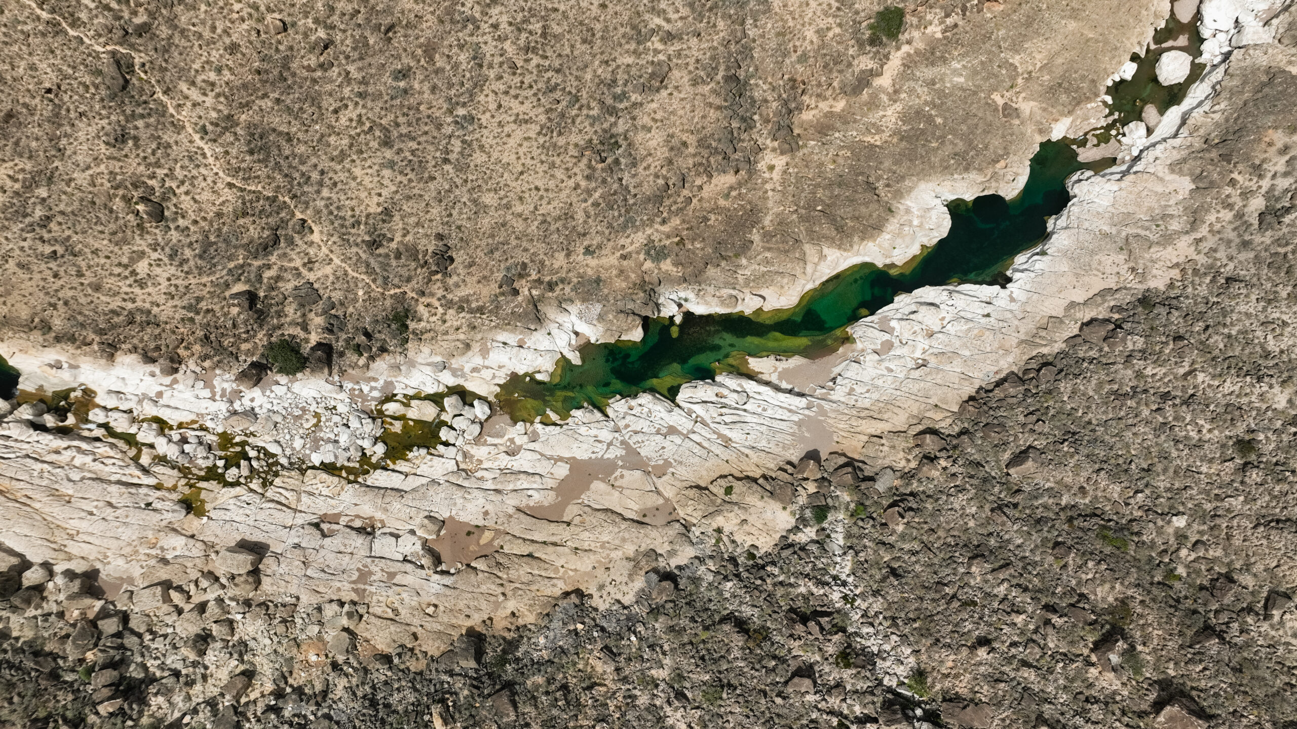 Kalysan Canyon in Socotra showcases vibrant green waters contrasting with dry, rugged terrain under bright sunlight.
